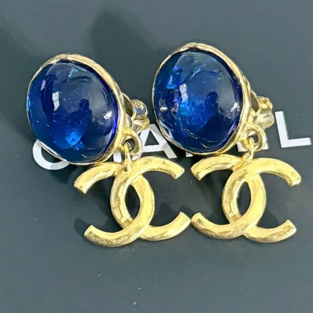 CHANEL Deep Blue and Gold Logo Earrings